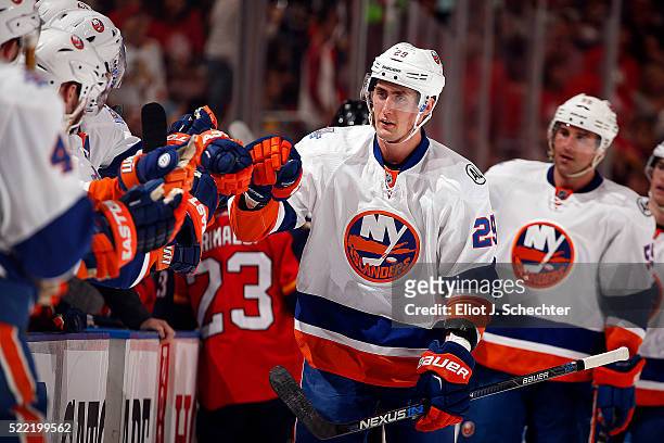 Brock Nelson of the New York Islanders celebrates his goal with teammates in the first period against the Florida Panthers in Game One of the Eastern...