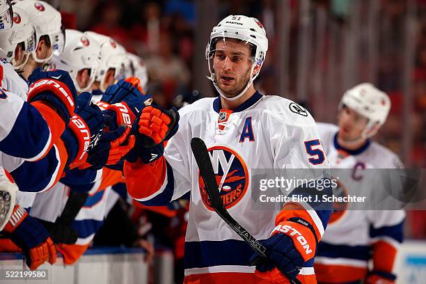 Frans Nielsen of the New York Islanders celebrates ha goal with teammates in the first period against the Florida Panthers in Game One of the Eastern...