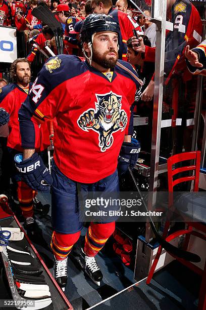 Erik Gudbranson of the Florida Panthers heads out to the ice for warms ups prior to the start of the game against the New York Islanders in Game One...