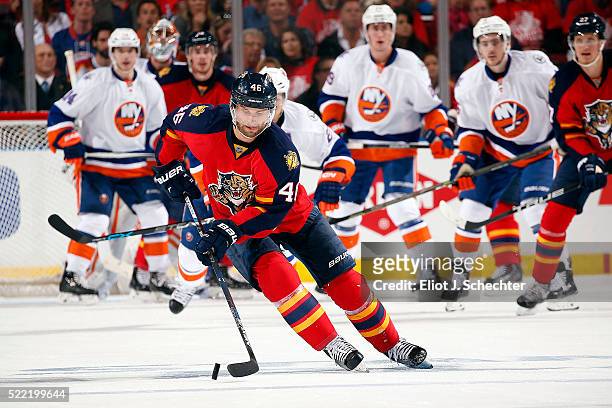Jakub Kindl of the Florida Panthers skates with the puck against the New York Islanders in Game One of the Eastern Conference Quarterfinals during...
