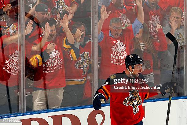 Reilly Smith of the Florida Panthers celebrates his goal against the New York Islanders in Game One of the Eastern Conference Quarterfinals during...