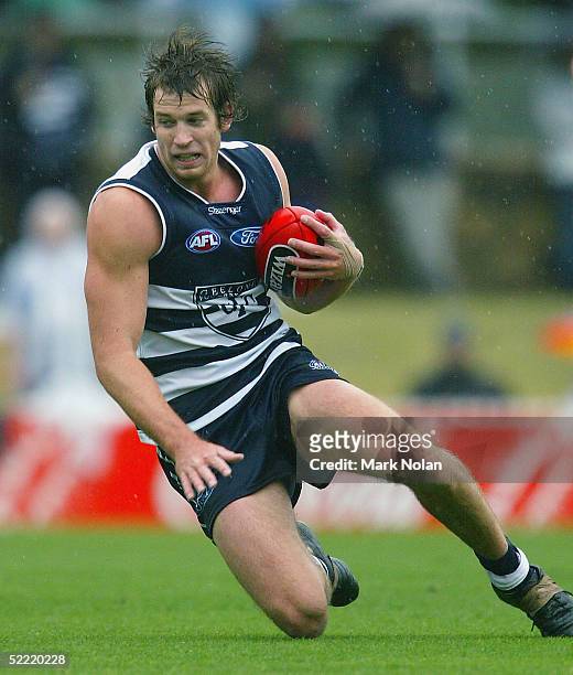 Henry Playfair of Geelong in action during the round one AFL Wizard Cup match between the Kangaroos and the Geelong Cats at Manuka Oval on February...