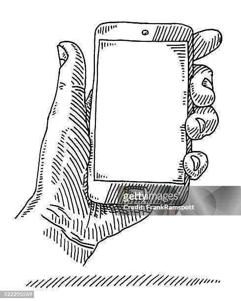 hand holding smart phone empty screen drawing - smartphone illustration stock illustrations