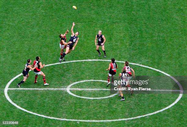 General view of play showing the new centre circle in use during the round one AFL Wizard Cup match between the Carlton Blues and the Essendon...