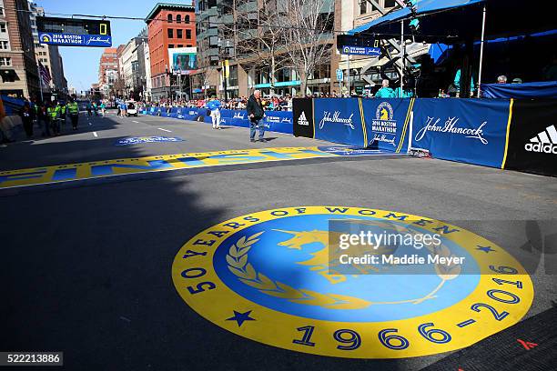 General view of the "50 Years of Women" logo at the finish line during the 120th Boston Marathon on April 18, 2016 in Boston, Massachusetts.