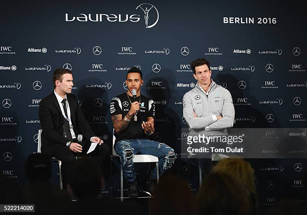 Formula 1 driver Lewis Hamilton of Great Britain and Mercedes,Laureus World Sportsmen of the Year Award nominee speaks to the press with Toto Wolff,...
