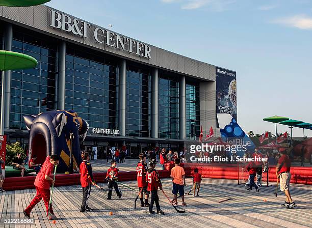 Fans enjoy pre-game fun prior to the start of Game One of the Eastern Conference Quarterfinals between the Florida Panthers and the New York...