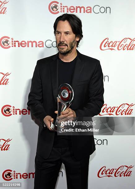 Actor Keanu Reeves, recipient of the Vanguard Award, attends the CinemaCon Big Screen Achievement Awards brought to you by the Coca-Cola Company at...