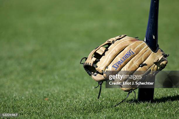 Bat and glove are seen prior to morning workouts on February 20, 2005 at the Boston Red Sox Minor League Spring Training facility in Fort Myers,...