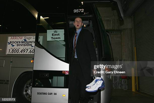 Zydrunas Ilgauskas of the Eastern Conference All-Stars arrives at the Arena for the 54th All-Star Game, part of 2005 NBA All-Star Weekend at Pepsi...