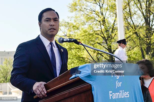 Representative Joaquin Castro speaks during the Fight For Families Rally in front of the Supreme Court of the United States on April 18, 2016 in...