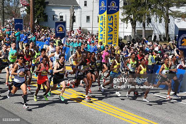 The Elite Men's division starts the 120th Boston Marathon on April 18, 2016 in Hopkinton, Massachusetts.