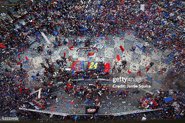 Jeff Gordon, driver of the Hendrick Motorsports Chevrolet, celebrates in Victory Lane after winning the NASCAR Nextel Cup Daytona 500 on February 20,...