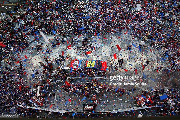 Jeff Gordon, driver of the Hendrick Motorsports Chevrolet, celebrates in Victory Lane after winning the NASCAR Nextel Cup Daytona 500 on February 20,...