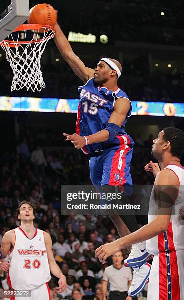 Vince Carter of the Eastern Conference All-Stars goes in for a dunk during the 54th All-Star Game against the Western Conference All-Stars, part of...