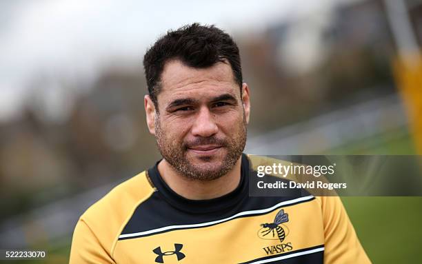 George Smith, the Wasps flank forward, poses during the Wasps media session held at Twyford Avenue training ground on April 18, 2016 in Acton,...