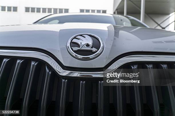 Logo sits above the front grill of a Skoda Superb automobile at the Eurocar PJSC automotive plant in Solomonovo, Ukraine, on Monday, April 18, 2016....