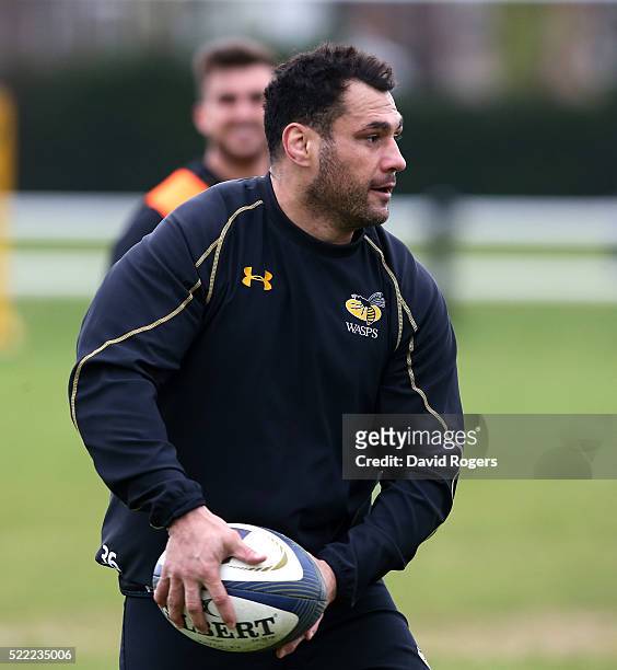 George Smith passes the ball during the Wasps media session held at Twyford Avenue training ground on April 18, 2016 in Acton, England.