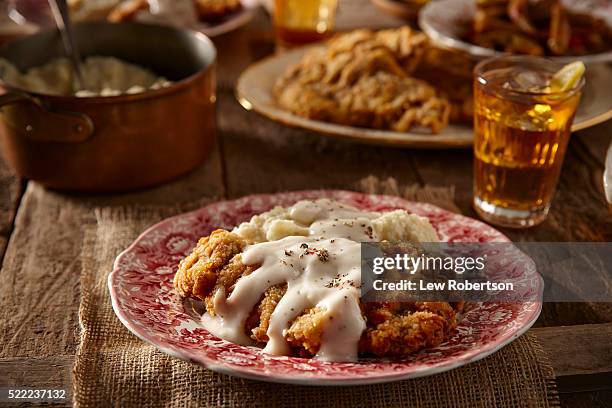 homemade chicken fried steak dinner - southern food stock pictures, royalty-free photos & images