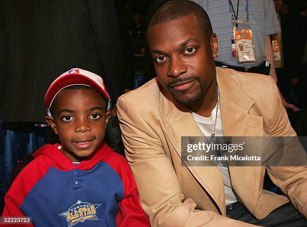 Actor Chris Tucker and son attend the 2005 NBA All Star Game at the Pepsi Center on February 20, 2005 in Denver, Colorado.