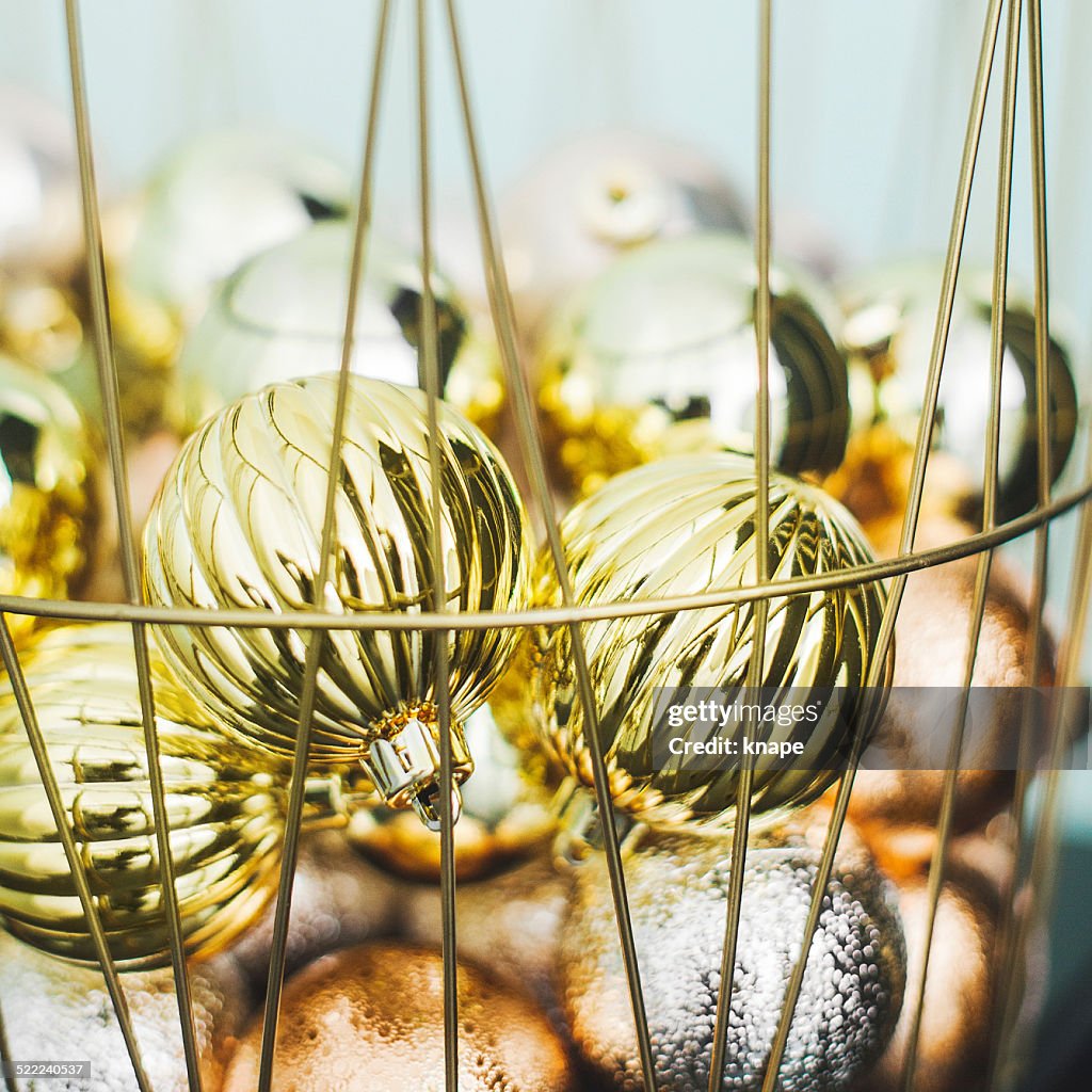 Christmas baubles decorations in basket