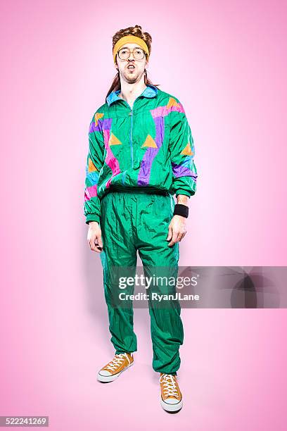 mullet man with eighties fashion style - tracksuit stock pictures, royalty-free photos & images