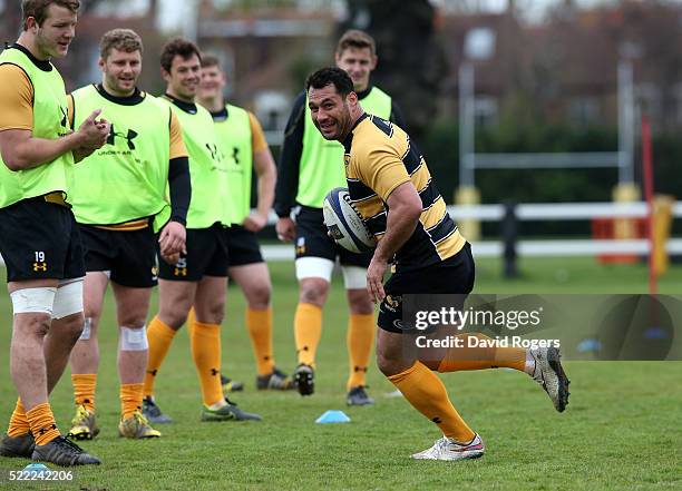 George Smith runs with the ball during the Wasps media session held at Twyford Avenue training ground on April 18, 2016 in Acton, England.