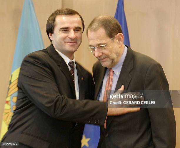Moldavia's Prime minister Vasile Tarlev and EU Foreign Policy Chief Spanish Javier Solana are seen prior a bilateral meeting in EU Headquarters in...