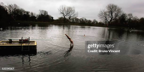 Man dives into the Hampstead Heath men?s swimming pond, February 21, 2005 in London, England. The future of the north London ponds, which an...