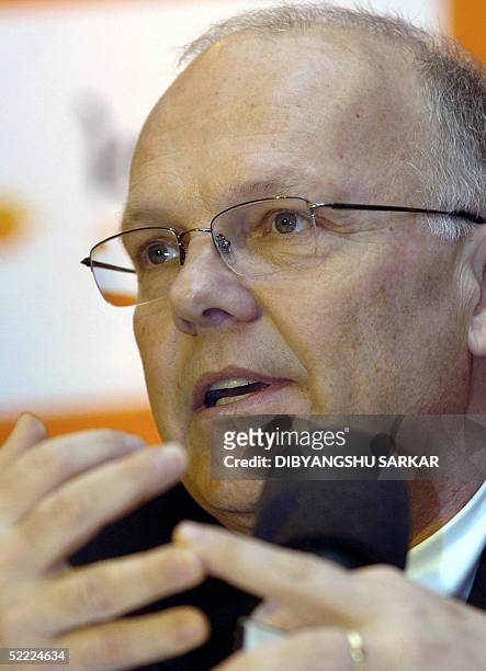 The president and Chief Executive Officer of the Canada-based IT company Databecon addresses a press conference in Madras 21 February 2005. The...