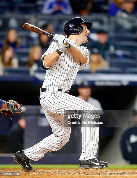 Dustin Ackley of the New York Yankees in action against the Seattle Mariners at Yankee Stadium on April 15, 2016 in the Bronx borough of New York...