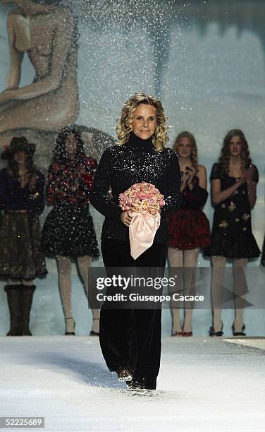 Italian designer Alberta Ferretti acknowledges the appluase at the Blugirl fashion show as part of Milan Fashion Week Autumn/Winter 2005/6 at Fiera...