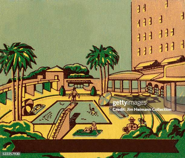 Matchbook image of the exterior of a hotel with people swimming and laying poolside under umbrellas.