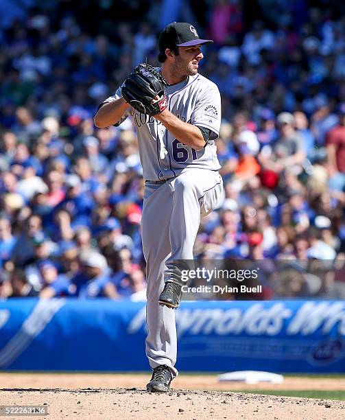 David Hale of the Colorado Rockies pitches against the Chicago Cubs at Wrigley Field on April 16, 2016 in Chicago, Illinois.