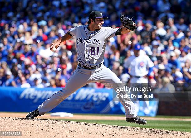 David Hale of the Colorado Rockies pitches against the Chicago Cubs at Wrigley Field on April 16, 2016 in Chicago, Illinois.