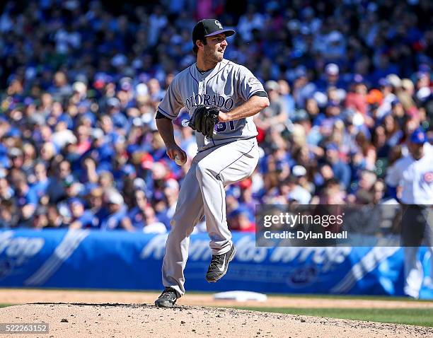 David Hale of the Colorado Rockies pitches against the Chicago Cubs at Wrigley Field on April 16, 2016 in Chicago, Illinois.