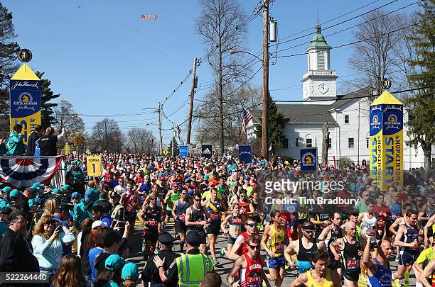 General view as Wave One runners start the 120th Boston Marathon on April 18, 2016 in Hopkinton, Massachusetts.