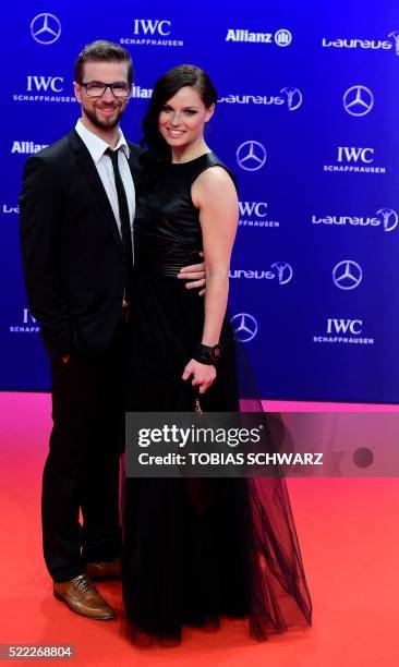 Austrian skier Anna Fenninger and husband Manuel Veith pose on the red carpet before the Laureus World Sports 2016 Awards Ceremony in Berlin on April...