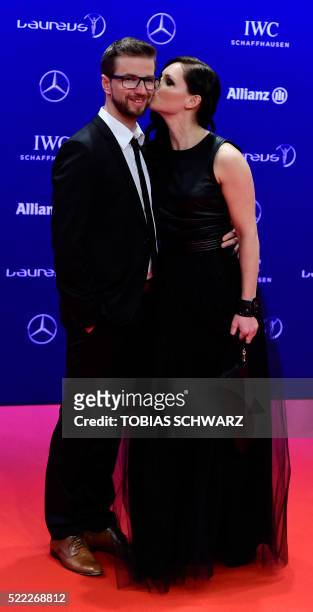 Austrian skier Anna Fenninger and husband Manuel Veith pose on the red carpet before the Laureus World Sports 2016 Awards Ceremony in Berlin on April...