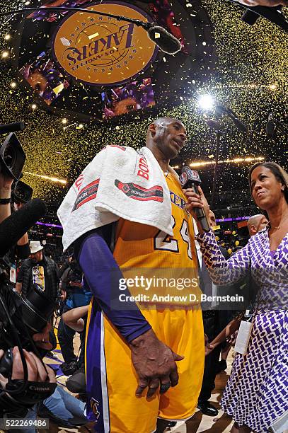 Analyst, Lisa Salters talks to Kobe Bryant of the Los Angeles Lakers after the game against the Utah Jazz at STAPLES Center on April 13, 2016 in Los...