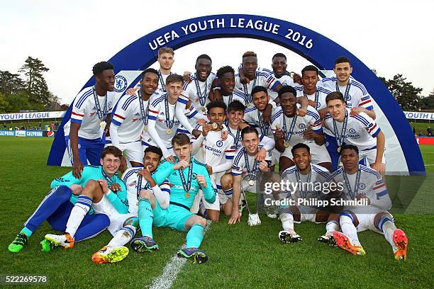 Players of Chelsea FC celebrate victory with the UEFA Youth League trophy after the UEFA Youth League Final match between Paris Saint Germain and...