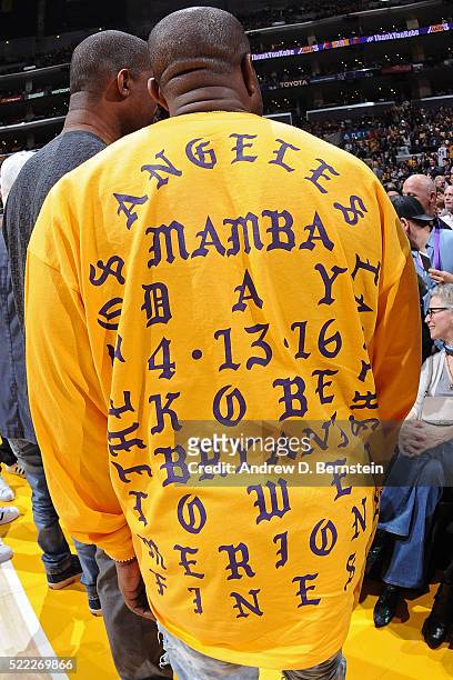 Rapper, Kanye West attends the Utah Jazz game against the Los Angeles Lakers wearing a customized Kobe Bryant shirt at STAPLES Center on April 13,...