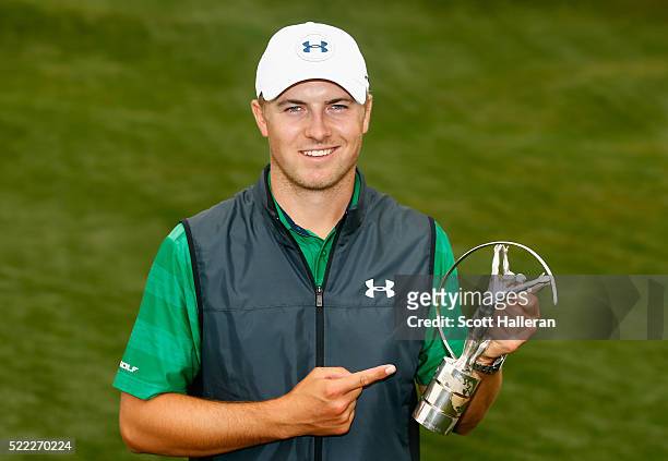 Golfer Jordan Spieth poses with his Laureus World Breakthrough of the Year Award at the Golf Club of Houston on March 30, 2016 in Humble, Texas.