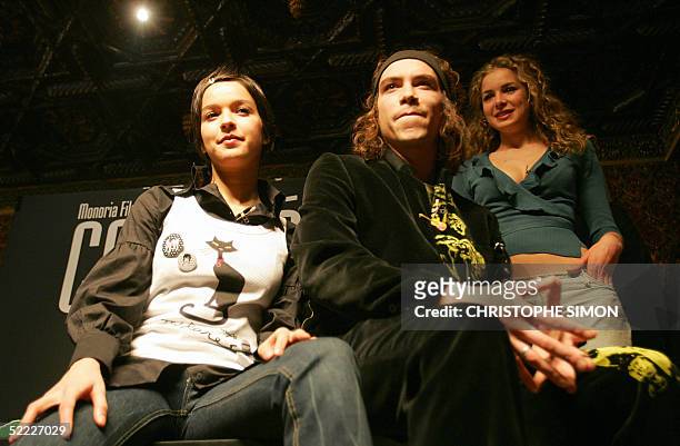 Spanish actors Veronica Sanchez, Oscar Jaenada and Mercedes Llorens pose for photographer prior the start of the filming of a movie based on the life...