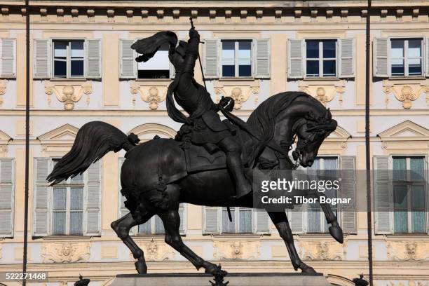 italy, piedmont, turin, piazza san carlo, emanuele filiberto of savoy statue, - piazza san carlo stock pictures, royalty-free photos & images