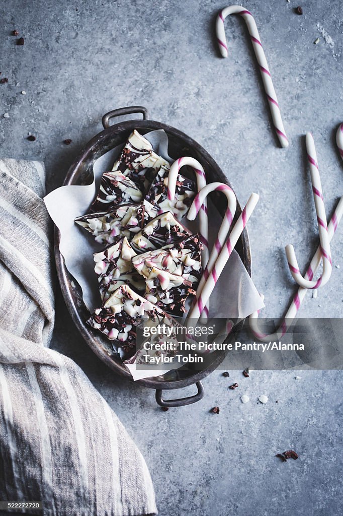 All-natural dark chocolate peppermint bark with cacao nibs and flaky salt