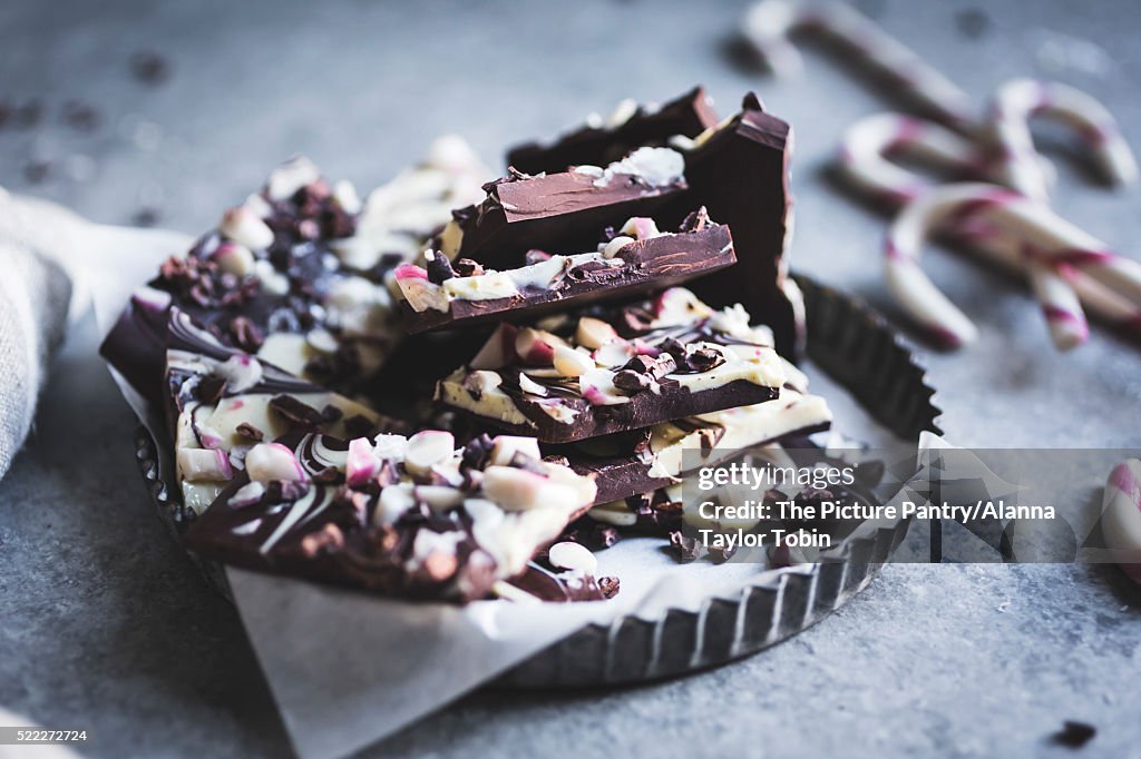 All-natural dark chocolate peppermint bark with cacao nibs and flaky salt