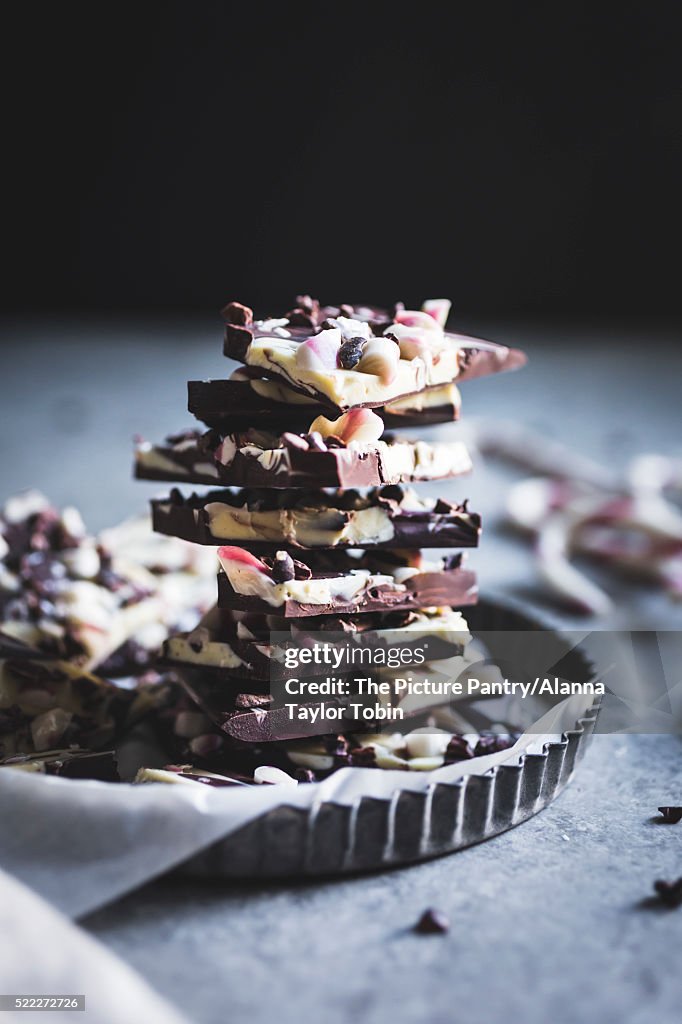 All-natural dark chocolate peppermint bark with cacao nibs and flaky salt