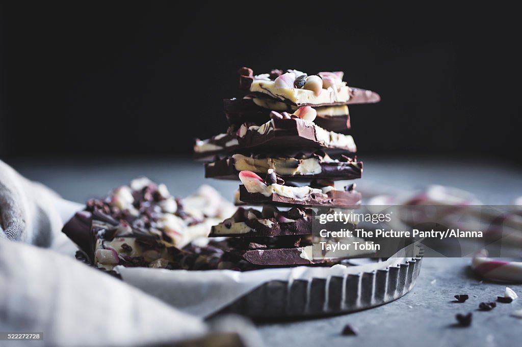 All-natural dark chocolate peppermint bark with cacao nibs and flaky salt