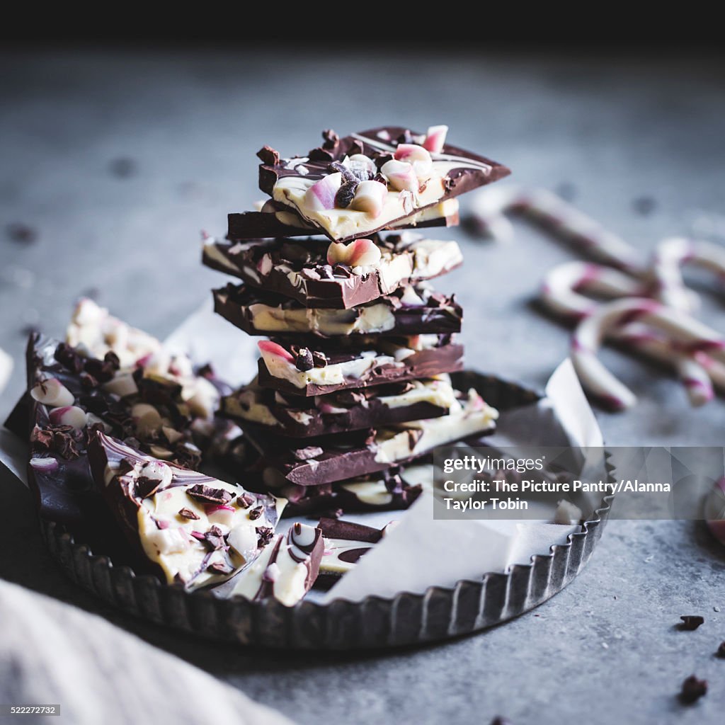 All-natural dark chocolate peppermint bark with cacao nibs and flaky salt